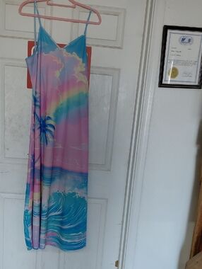 Pastel Beach Print Slip Dress - Rainbow & Ocean Motif